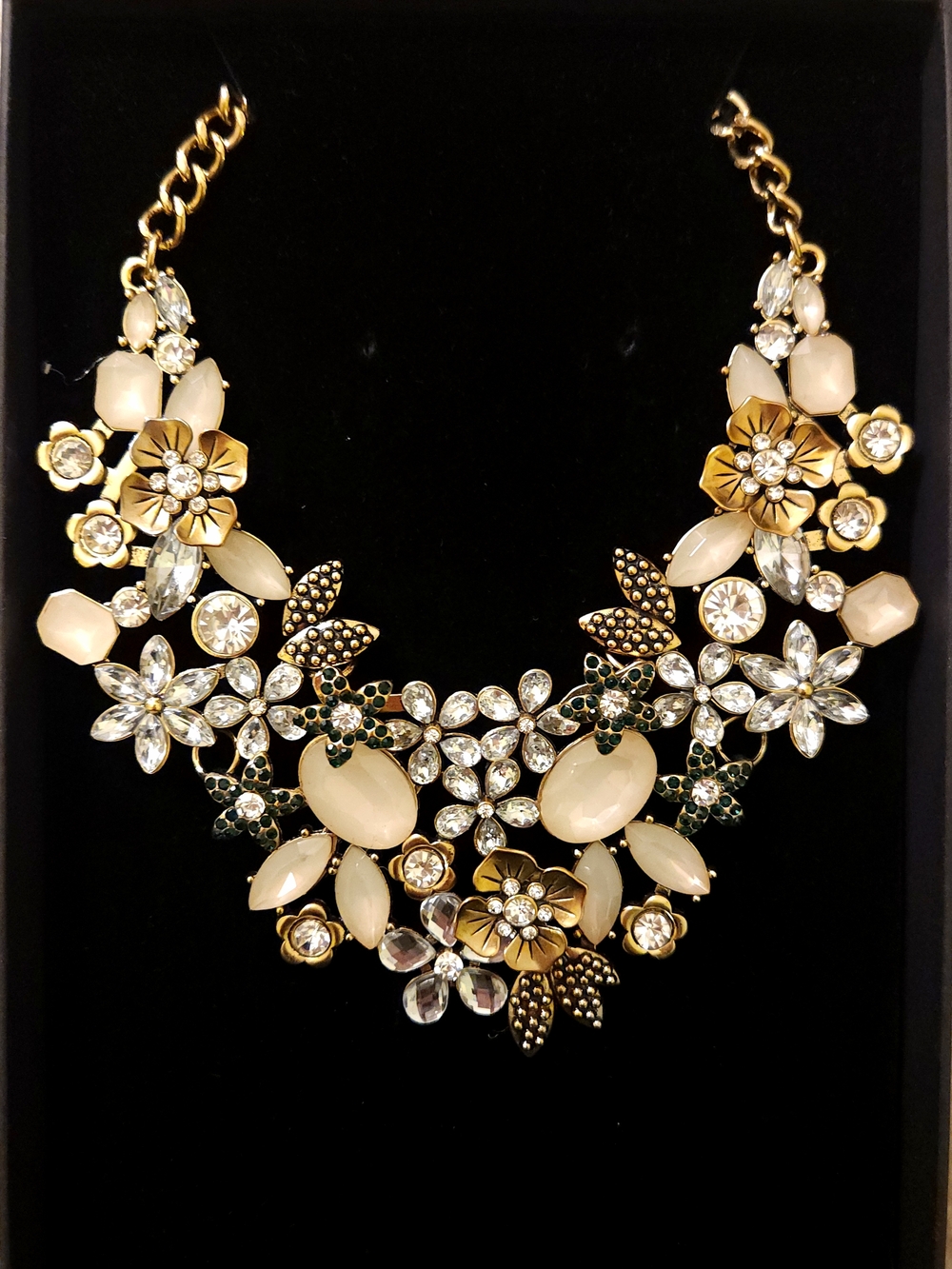 Gold Statement Necklace With Green Floral Accents - Custom Made